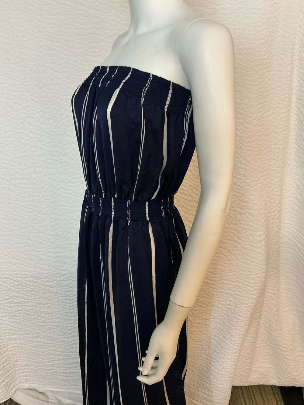 Forever 21 Striped Strapless Jumpsuit Size M Blue White Smocked Waist
